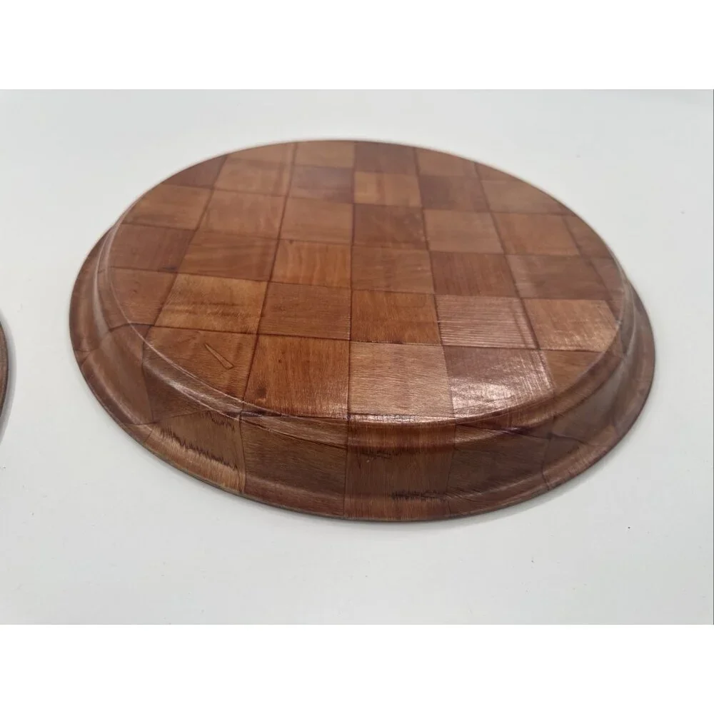 Vintage Parquet Weave Wood Round Serving Platters 2 Large 13” Woven Mid Century